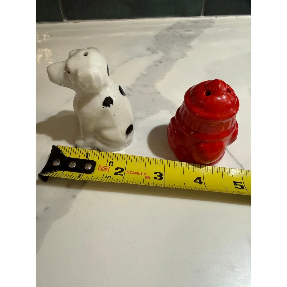 Vintage Dalmatian Dog and Red Fire Hydrant Ceramic Salt and Pepper Shaker Set